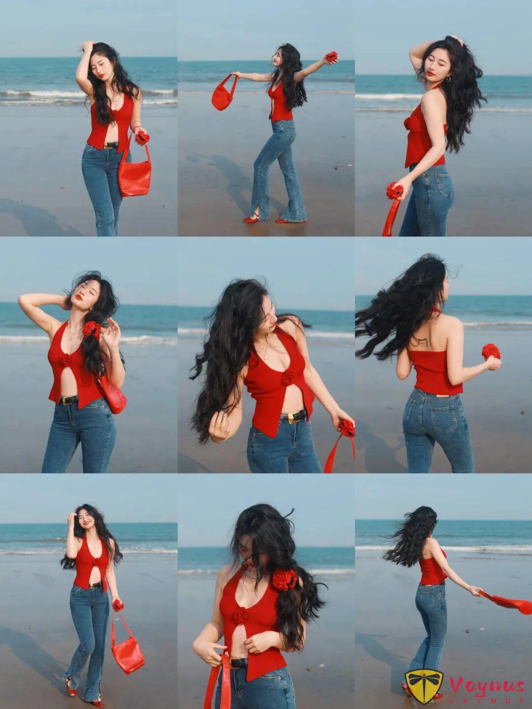 红色复古穿搭,9个海边拍照姿势,温柔性感又迷人,出片率100%