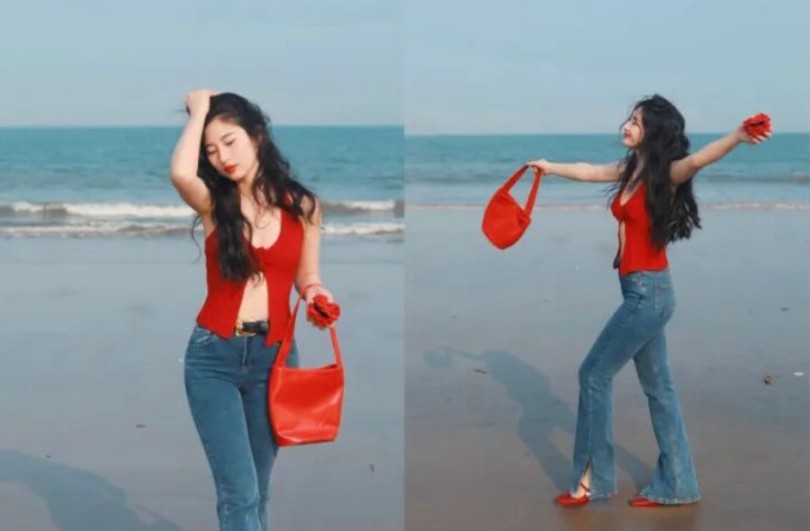 红色复古穿搭，9个海边拍照姿势，温柔性感又迷人，出片率100%