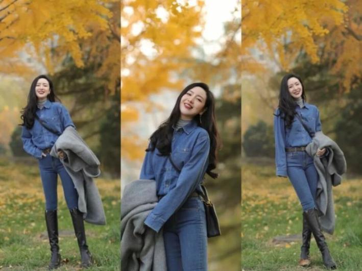 深秋油画般银杏林，6个姿势技巧，风衣牛仔裤穿搭，大气有气质