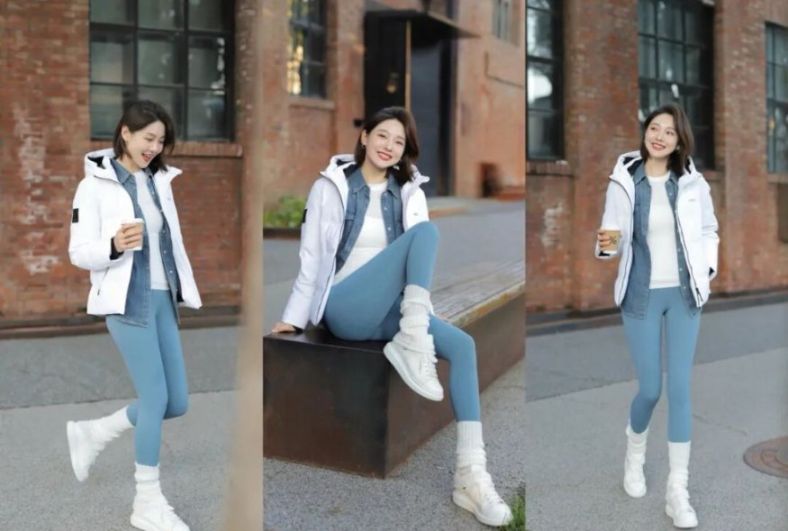 瑜伽裤搭羽绒服，8个街拍姿势，好看又亮眼，上镜显身材