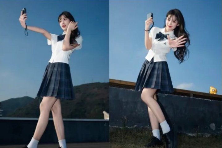 JK少女寫真，9個廣角仰拍姿勢，乾淨又通透，也太顯腿長了