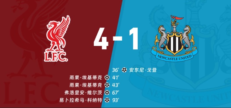 英超战况 | 第24轮:利物浦4-1纽卡斯尔联,埃基蒂克梅开二度,维尔茨、科纳特破门