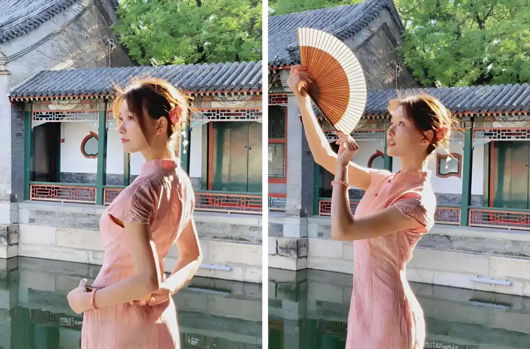 3个穿旗袍拍照姿势，温婉气质，优雅古典美，活泼且具东方韵味的国风氛围感。