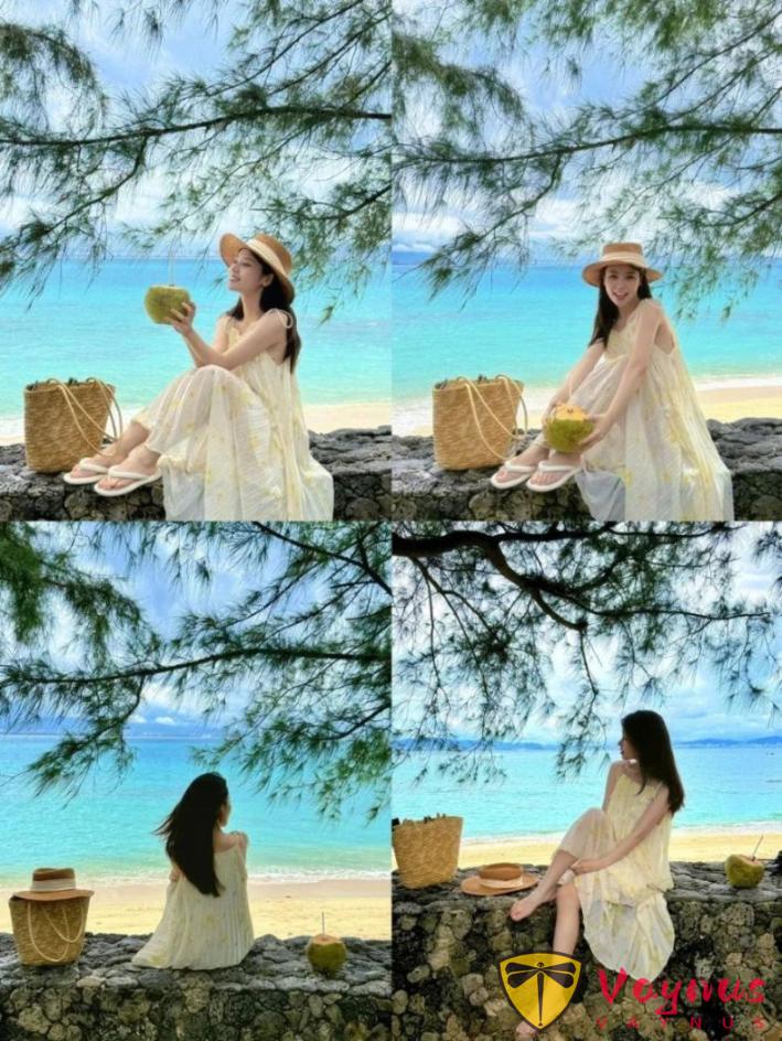 沙滩辣妹拍照3招，牛仔短裤×比基尼上衣，撑伞站也能拍出超模腿长既视感