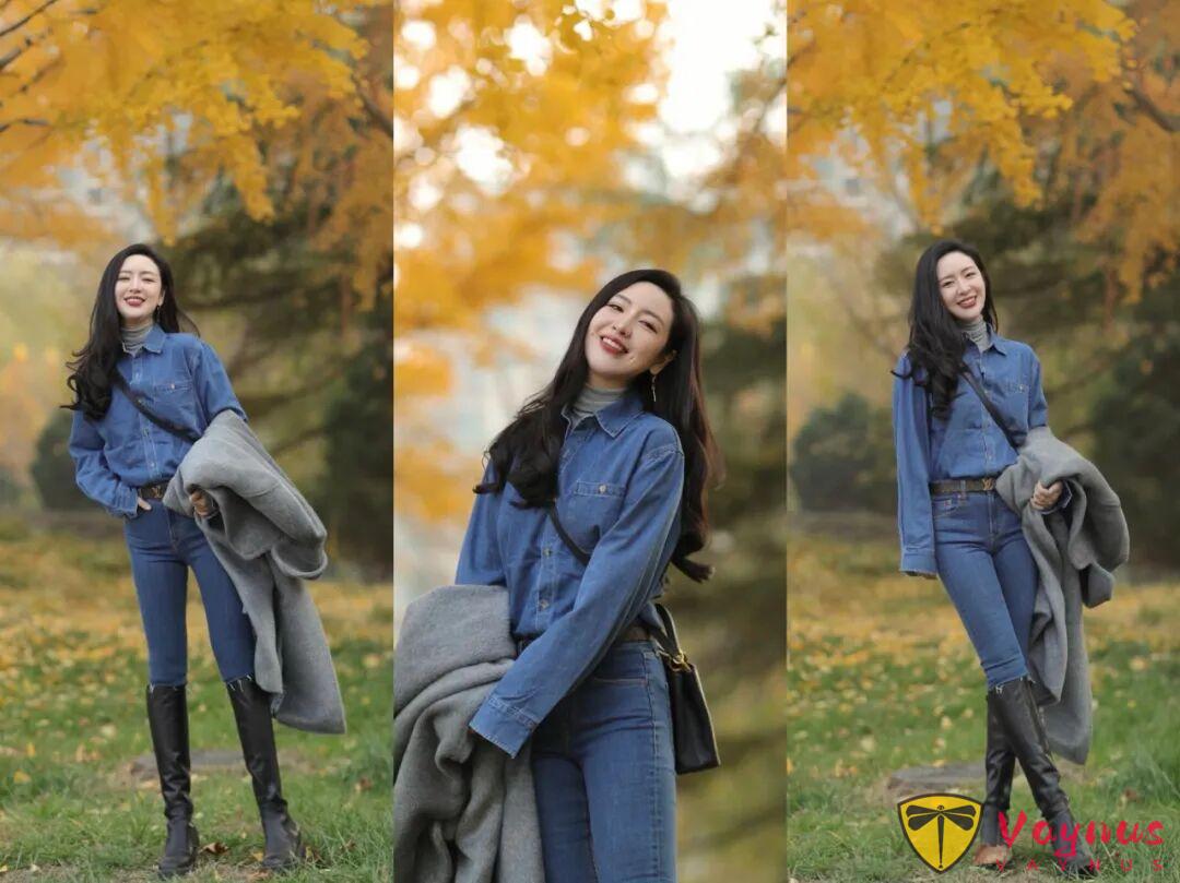 深秋油画般银杏林,6个姿势技巧,风衣牛仔裤穿搭,大气有气质