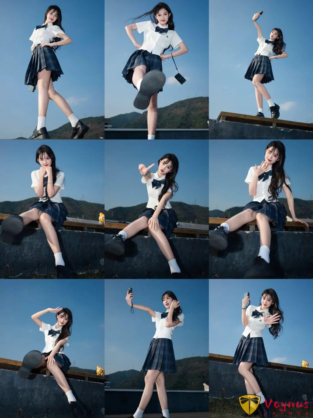 JK少女寫真,9個廣角仰拍姿勢,乾淨又通透,也太顯腿長了