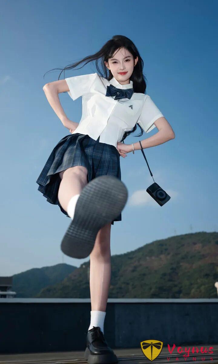 JK少女寫真,9個廣角仰拍姿勢,乾淨又通透,也太顯腿長了