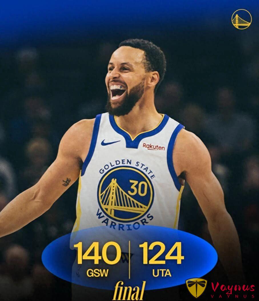 勇士客場大勝爵士,庫裡笑開了花,全場都在慶祝。