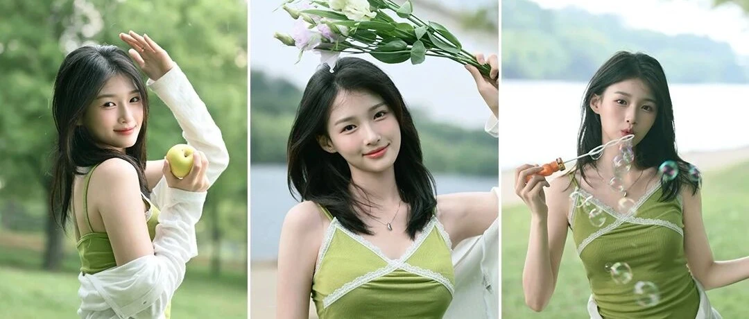 湖边草坪拍照姿势：吊带配开衫的夏日户外写真思路